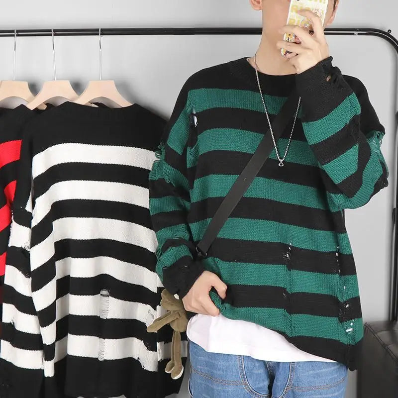 Men's Black Stripe Ripped Sweater Oversized Harajuku Pullover