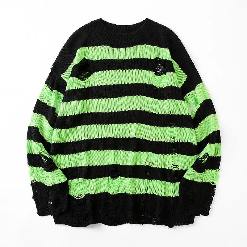 Men's Black Stripe Ripped Sweater Oversized Harajuku Pullover