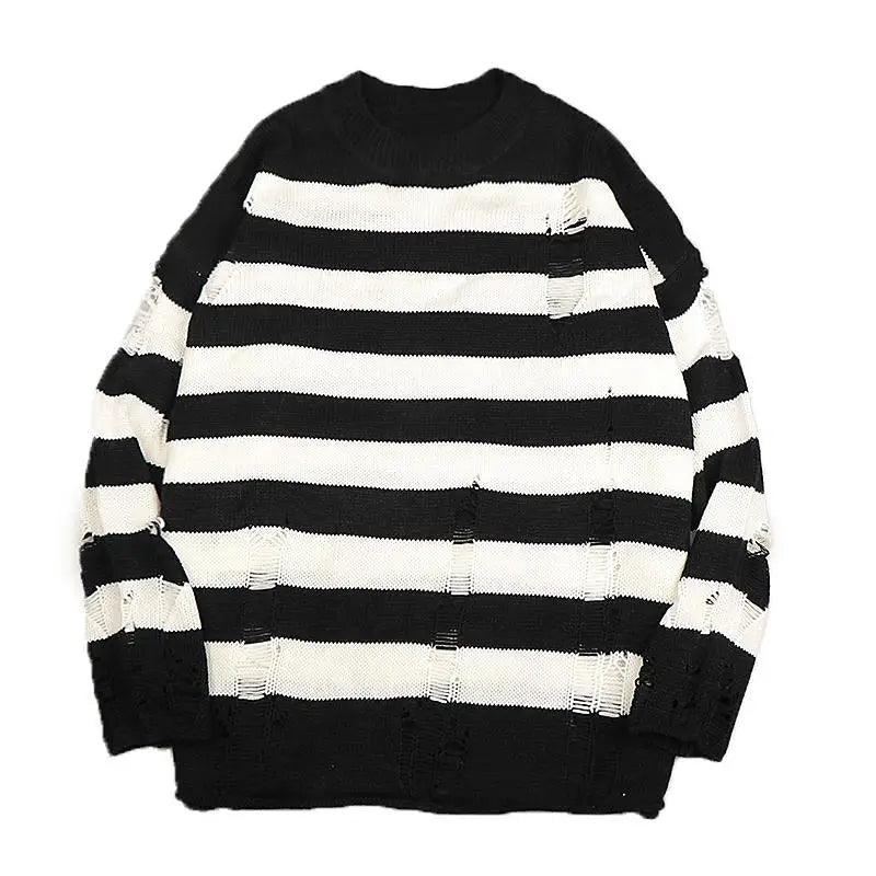 Men's Black Stripe Ripped Sweater Oversized Harajuku Pullover