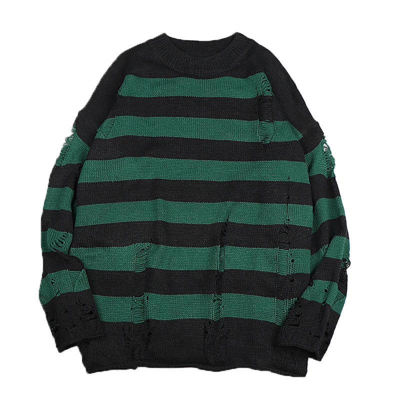 Men's Black Stripe Ripped Sweater Oversized Harajuku Pullover