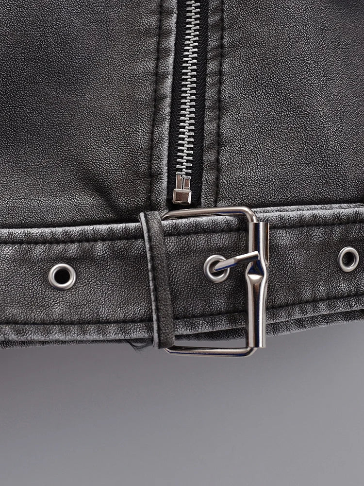 Women's Retro PU Leather Jacket Loose Fit Zipper Belt