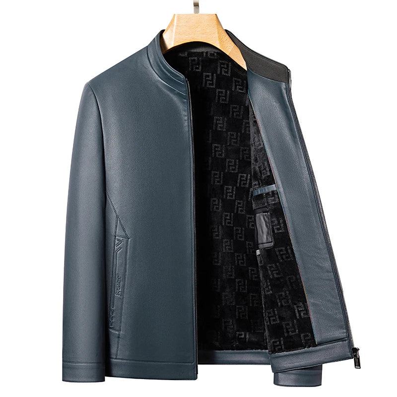 Men's Stand Collar Leather Jacket Natural Sheepskin Biker Style