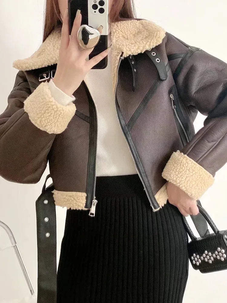 Women's Faux Lamb Jacket Streetwear Belt Thick Warm