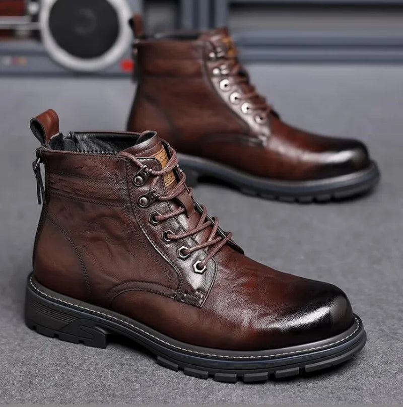 Men's Vintage Leather Snow Boots Microfiber Lace Up Outdoor