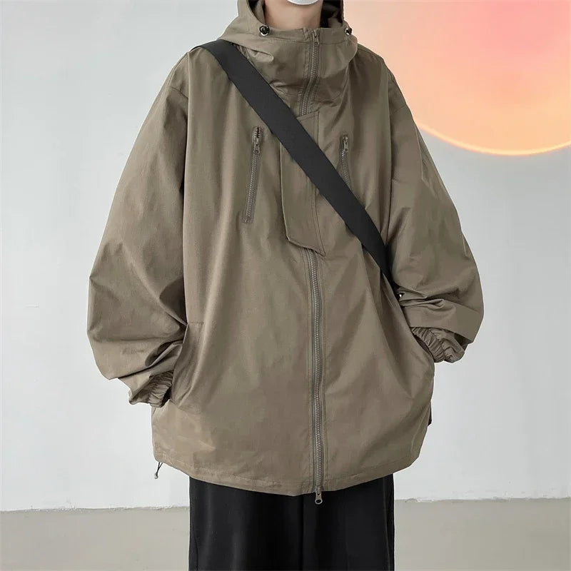 Men's Hooded Bomber Jacket Loose Fit Cargo Windbreaker Zipper