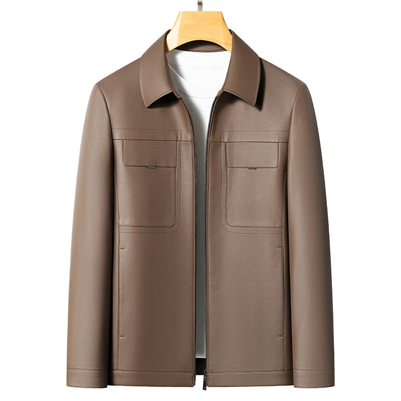 Men's Lapel Leather Jacket Natural Sheepskin Casual Business