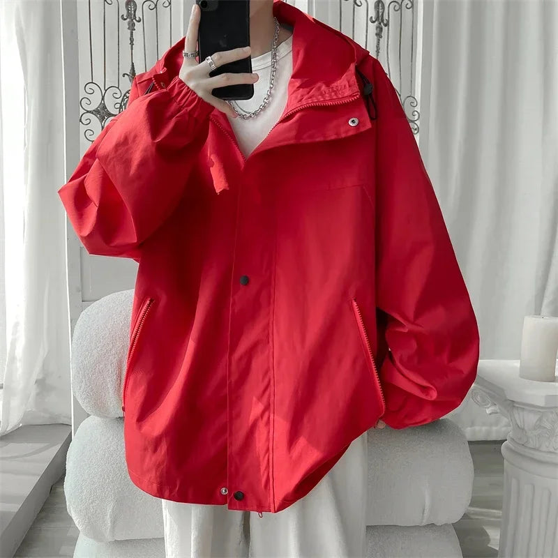 Men's Hooded Bomber Jacket Loose Fit Cargo Windbreaker Zipper