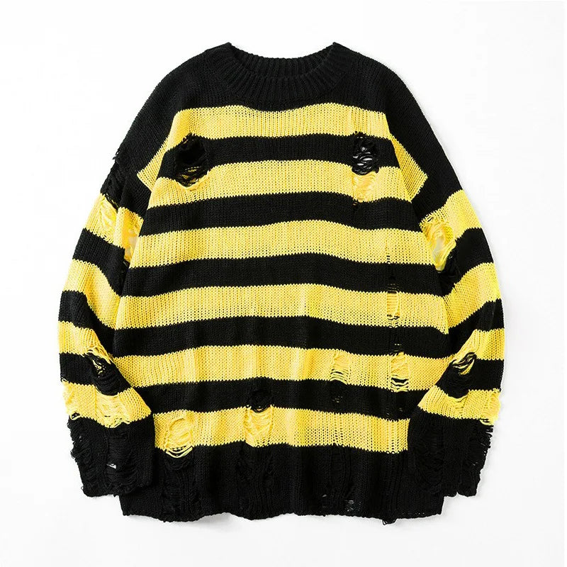 Men's Black Stripe Ripped Sweater Oversized Harajuku Pullover