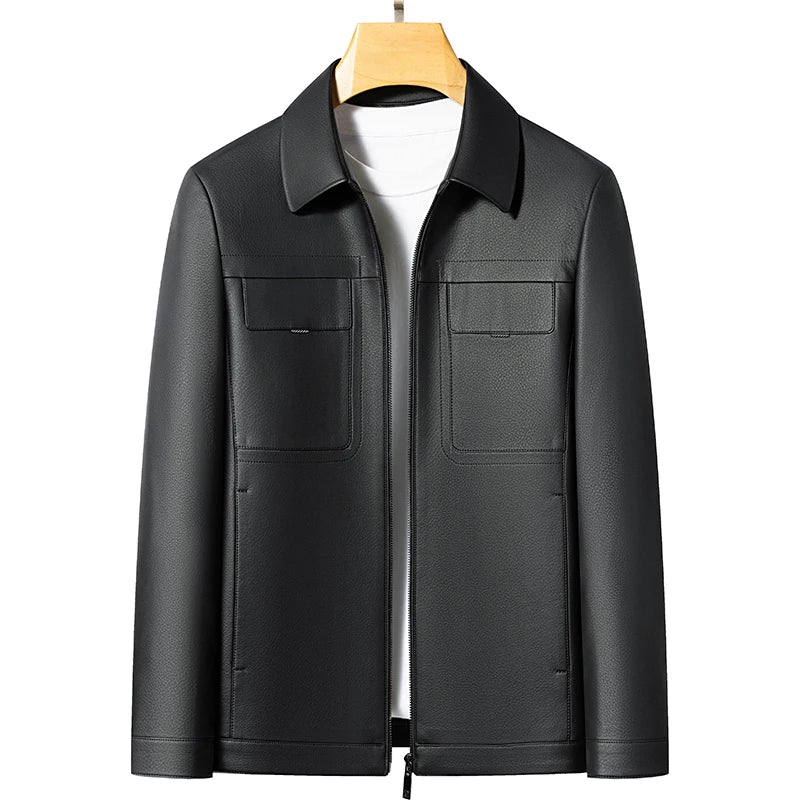 Men's Lapel Leather Jacket Natural Sheepskin Casual Business