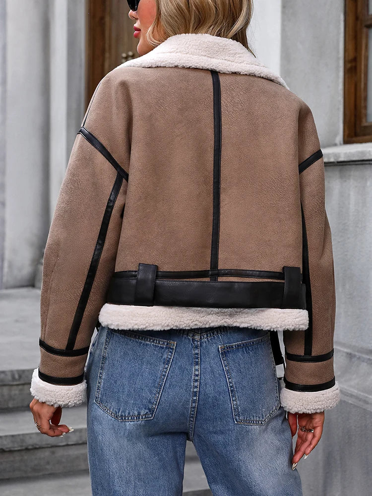 Women's Loose Faux Lamb Fur Coat Retro Zipper Belt