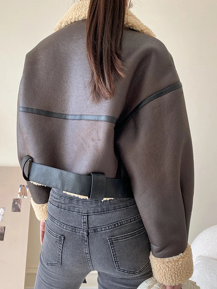 Women's Brown Faux Leather Coat Lamb Fur Retro Streetwear