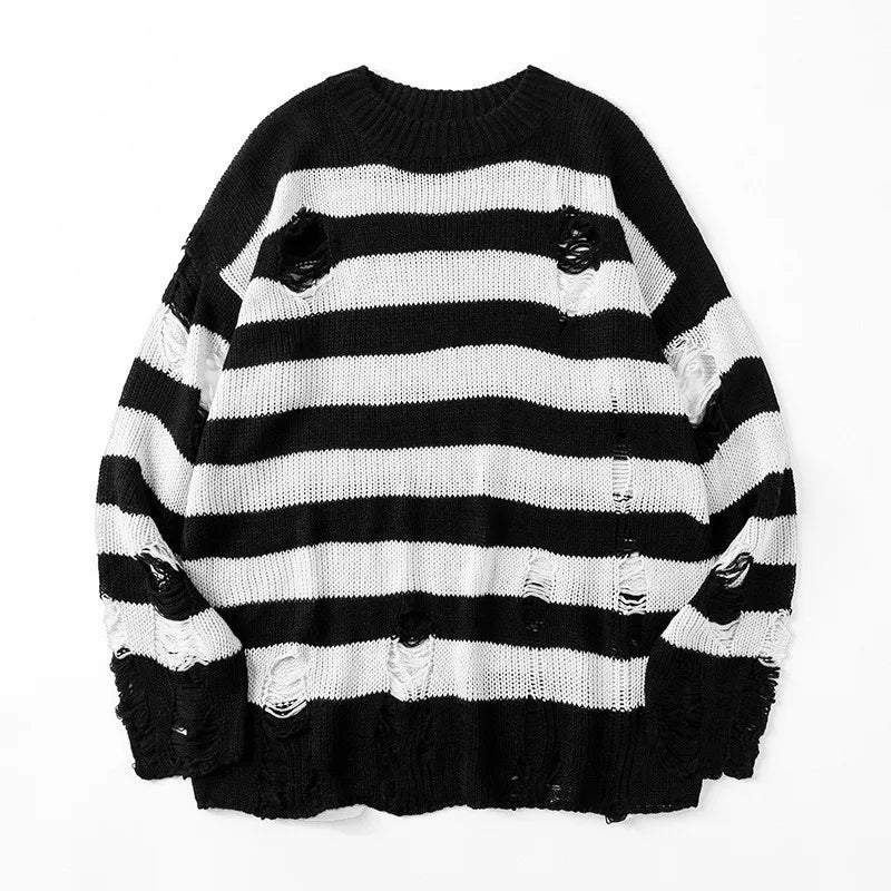Men's Black Stripe Ripped Sweater Oversized Harajuku Pullover