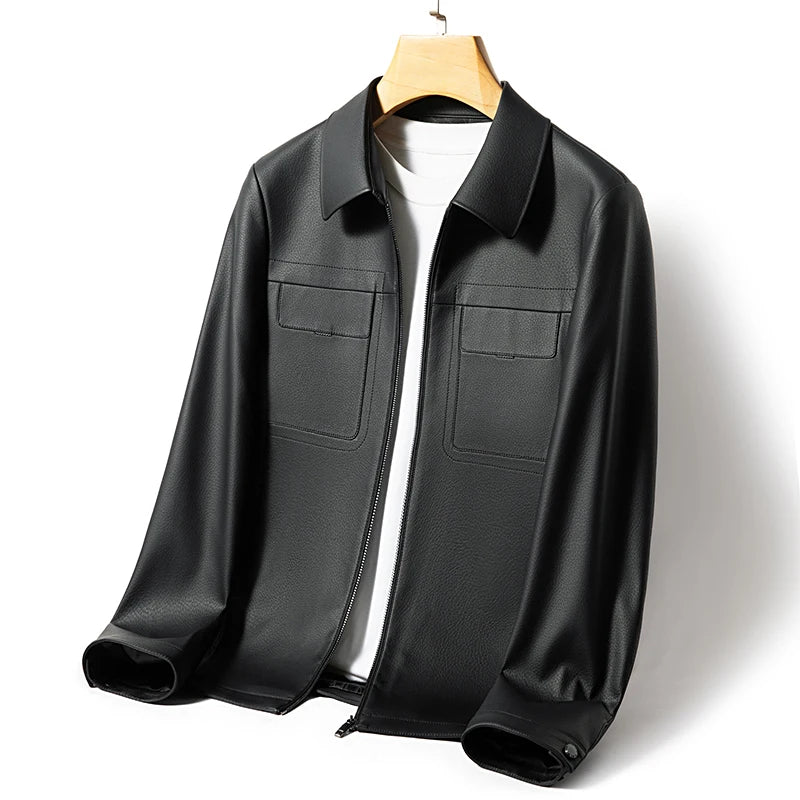 Men's Lapel Leather Jacket Natural Sheepskin Casual Business