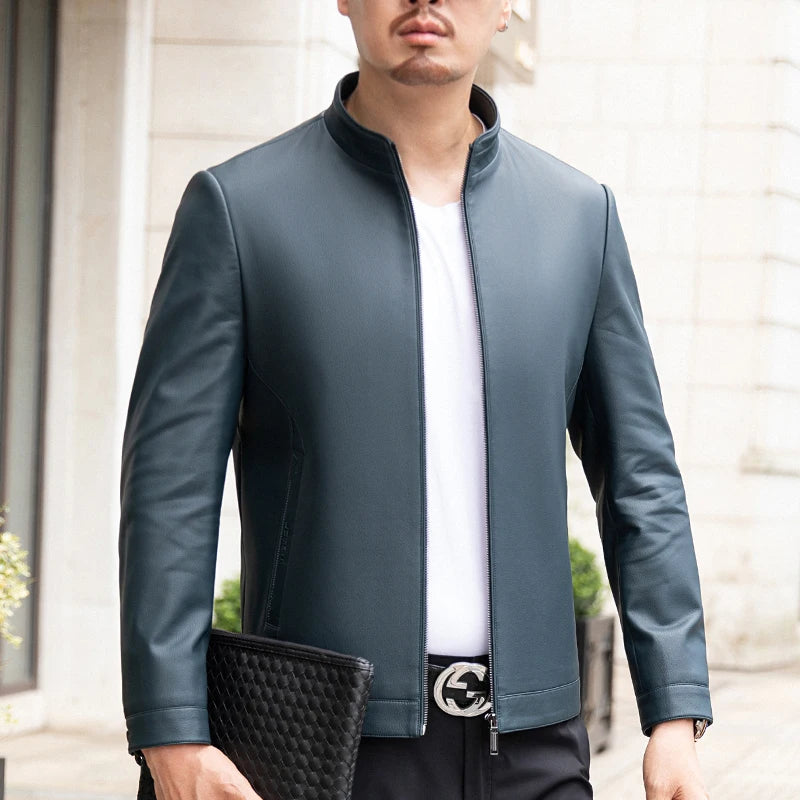 Men's Stand Collar Leather Jacket Natural Sheepskin Biker Style