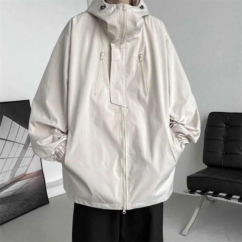 Men's Hooded Bomber Jacket Loose Fit Cargo Windbreaker Zipper