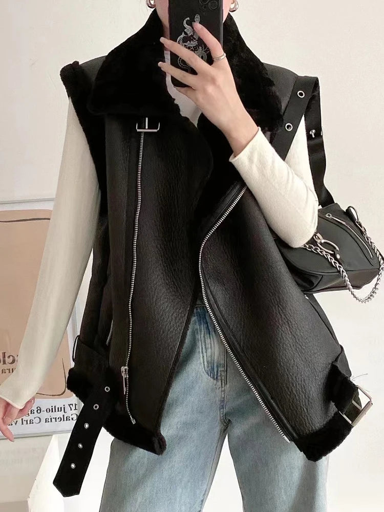 Women's Faux Leather Vest Loose Warm Moto Biker Waistcoat