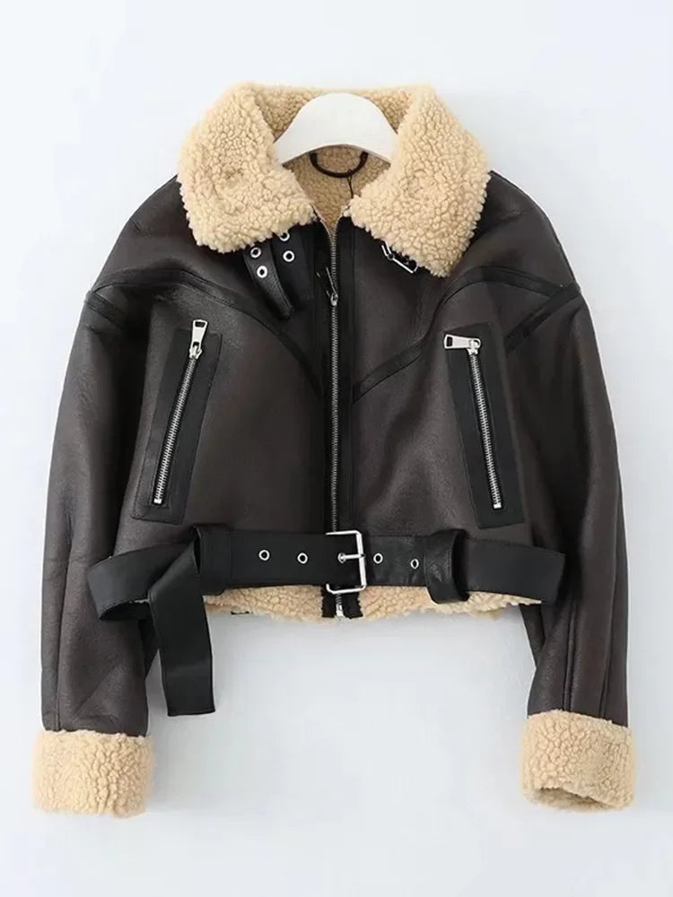 Women's Faux Lamb Jacket Streetwear Belt Thick Warm
