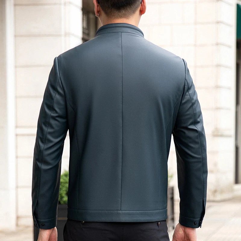 Men's Stand Collar Leather Jacket Natural Sheepskin Biker Style