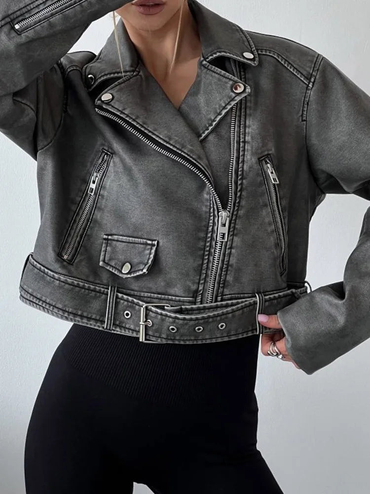 Women's Retro PU Leather Jacket Loose Fit Zipper Belt