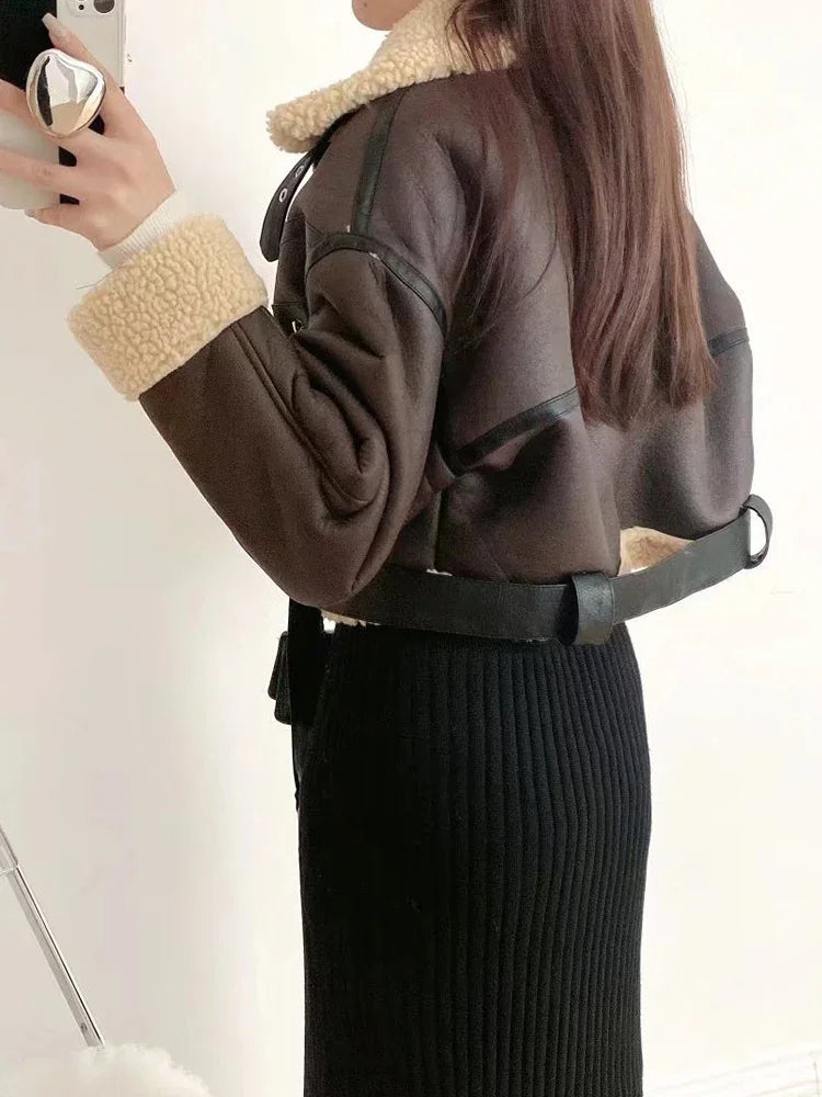Women's Faux Lamb Jacket Streetwear Belt Thick Warm