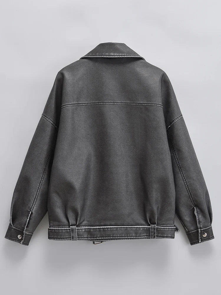 Women's Retro PU Leather Jacket Loose Fit Zipper Belt