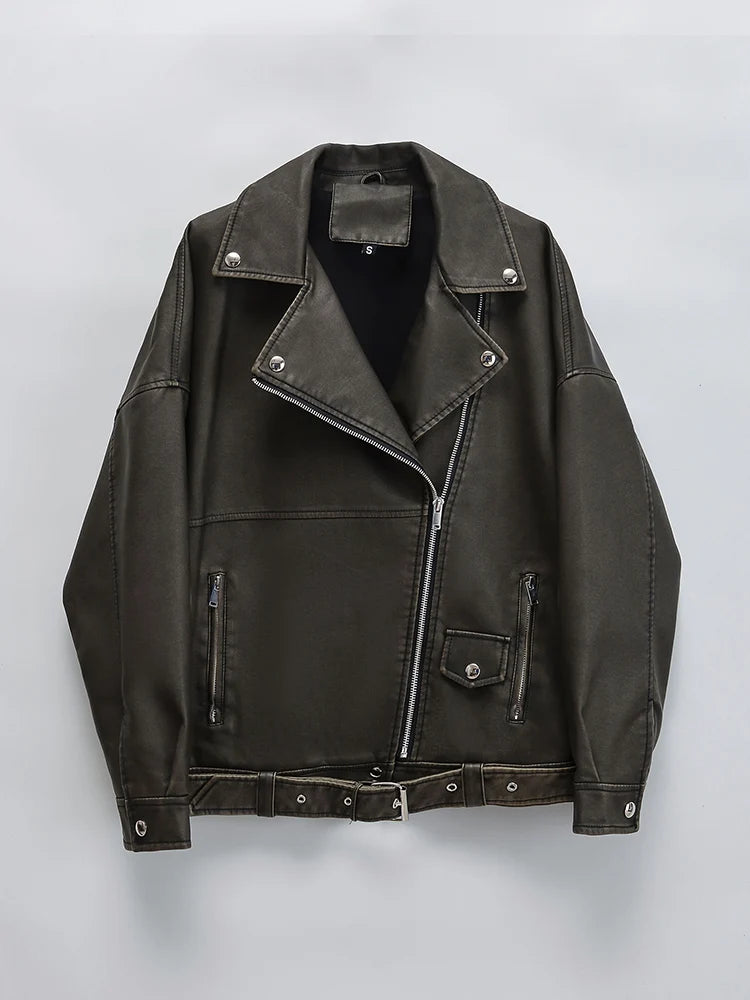 Women's Retro PU Leather Jacket Loose Fit Zipper Belt