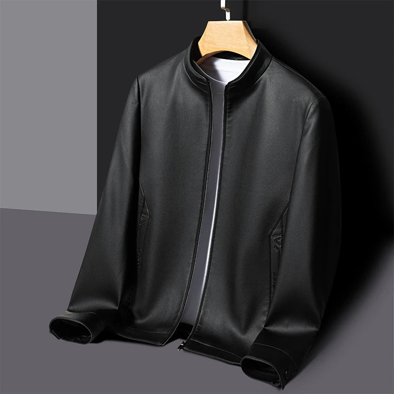 Men's Stand Collar Leather Jacket Natural Sheepskin Biker Style