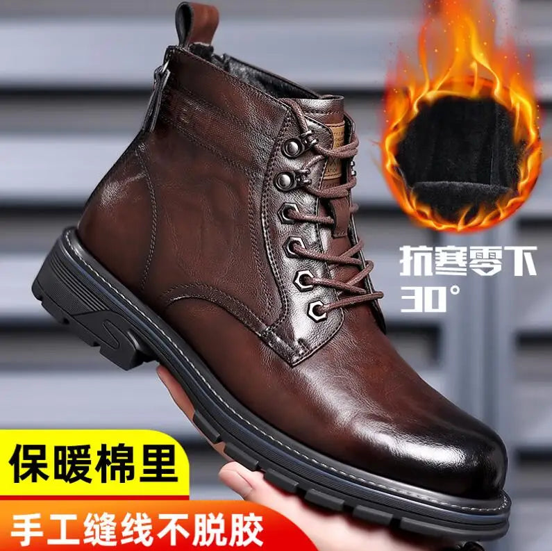 Men's Vintage Leather Snow Boots Microfiber Lace Up Outdoor