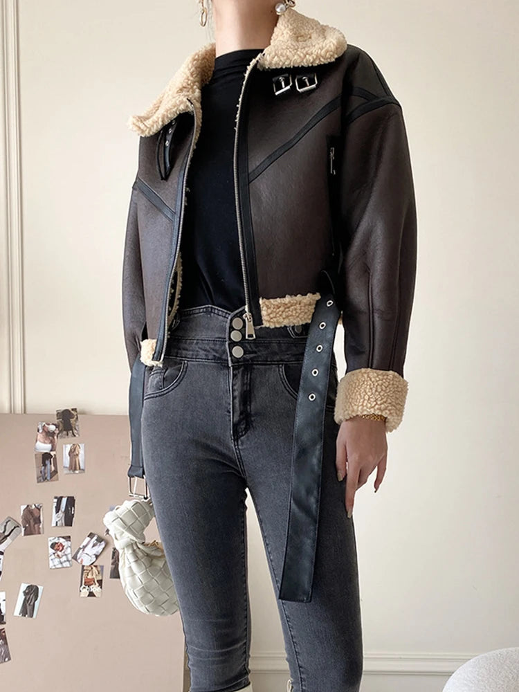 Women's Brown Faux Leather Coat Lamb Fur Retro Streetwear