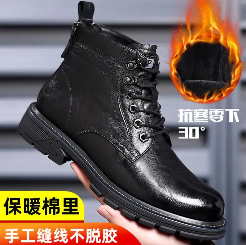 Men's Vintage Leather Snow Boots Microfiber Lace Up Outdoor