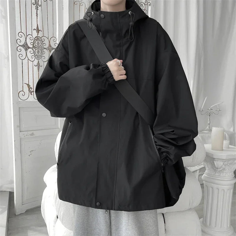 Men's Hooded Bomber Jacket Loose Fit Cargo Windbreaker Zipper