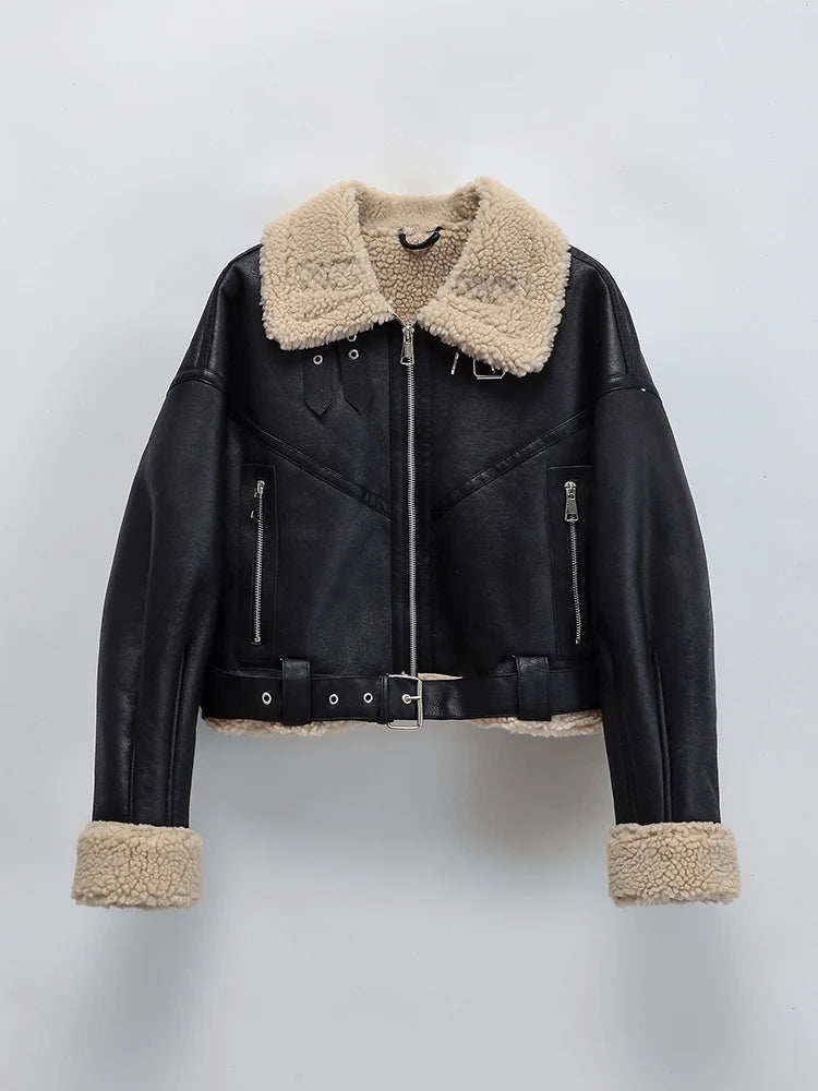 Women's Faux Lamb Jacket Streetwear Belt Thick Warm