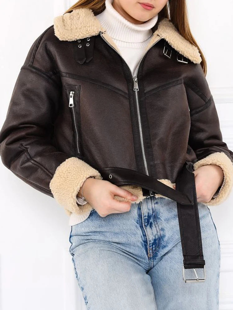 Women's Vintage Faux Lamb Jacket Loose Fit Moto Biker