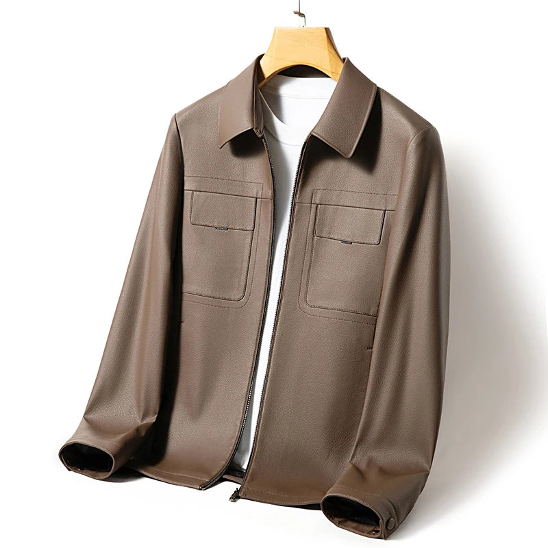 Men's Lapel Leather Jacket Natural Sheepskin Casual Business