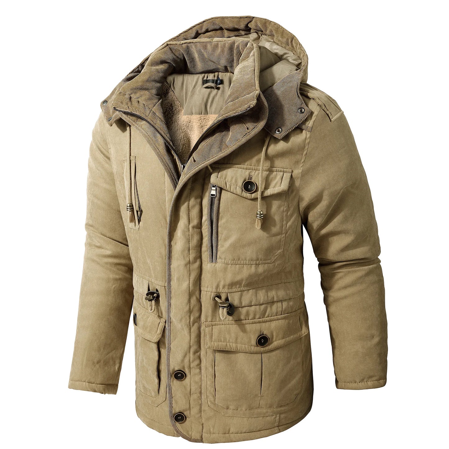 Men's Winter Fleece Parka Windproof Hooded Jacket Fur Liner