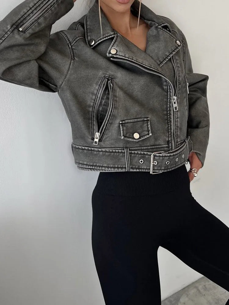 Women's Retro PU Leather Jacket Loose Fit Zipper Belt