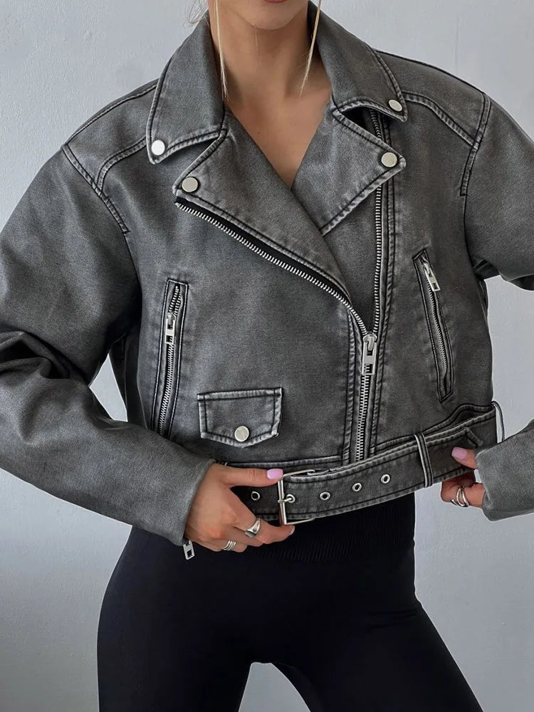 Women's Retro PU Leather Jacket Loose Fit Zipper Belt