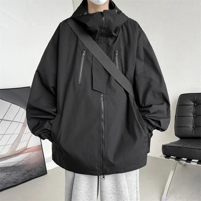 Men's Hooded Bomber Jacket Loose Fit Cargo Windbreaker Zipper