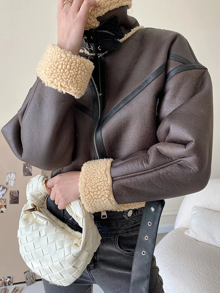 Women's Brown Faux Leather Coat Lamb Fur Retro Streetwear