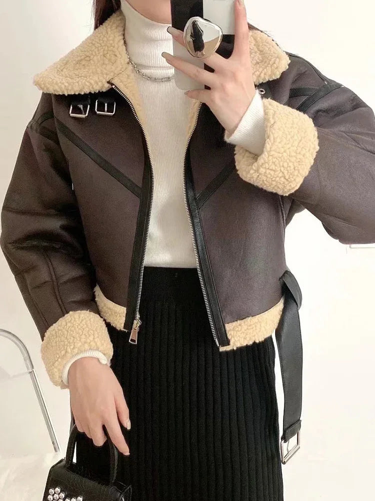Women's Faux Lamb Jacket Streetwear Belt Thick Warm