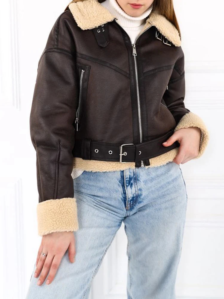 Women's Vintage Faux Lamb Jacket Loose Fit Moto Biker