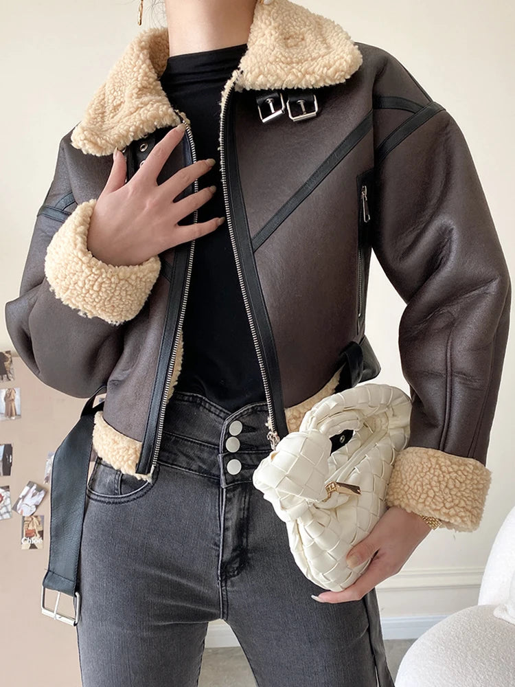 Women's Brown Faux Leather Coat Lamb Fur Retro Streetwear