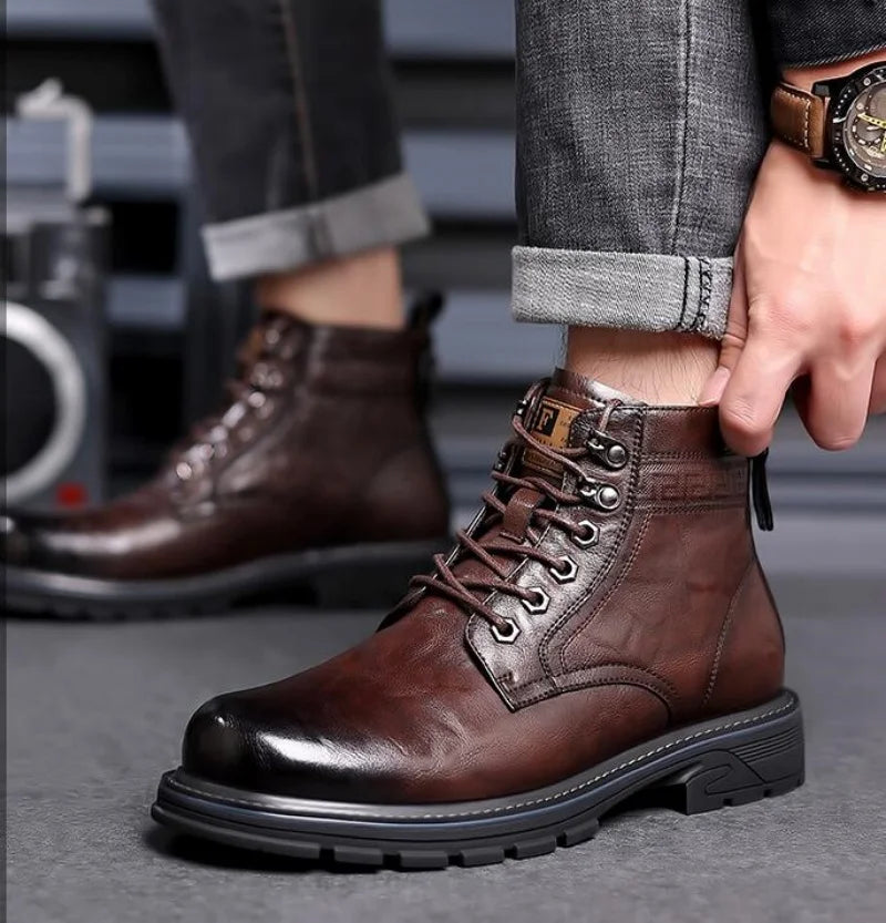 Men's Vintage Leather Snow Boots Microfiber Lace Up Outdoor
