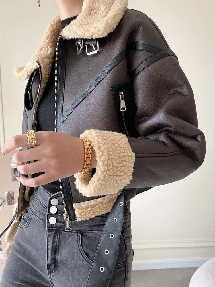 Women's Brown Faux Leather Coat Lamb Fur Retro Streetwear