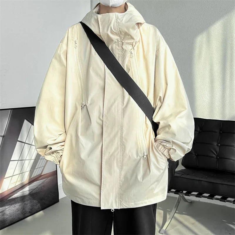 Men's Hooded Bomber Jacket Loose Fit Cargo Windbreaker Zipper
