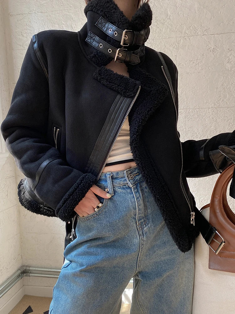 Women's Faux Shearling Jacket Thick Warm Motorcycle Brown