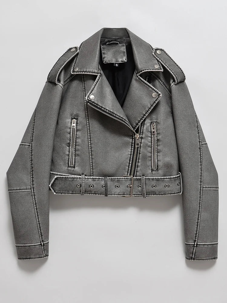Women's Faux Leather Jacket Vintage Loose Washed Streetwear