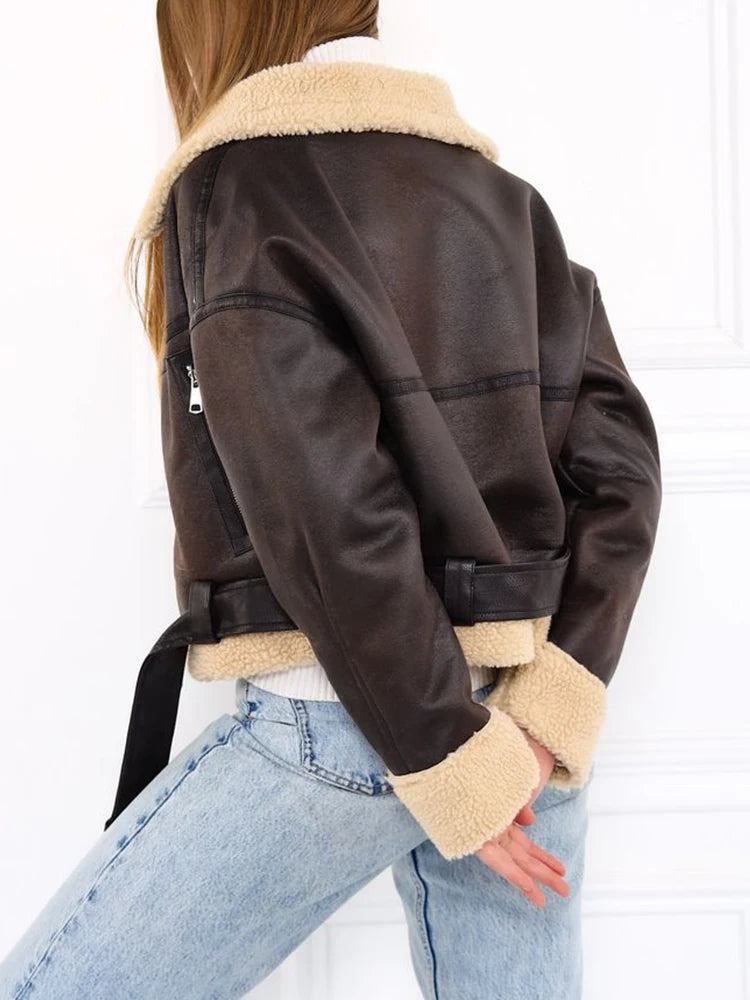 Women's Vintage Faux Lamb Jacket Loose Fit Moto Biker