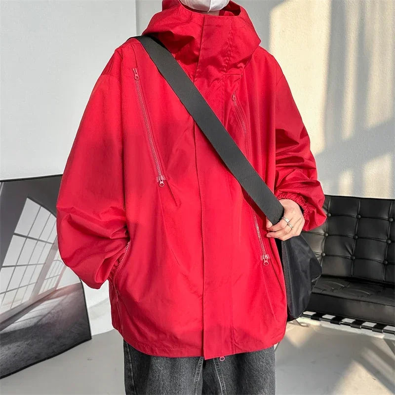 Men's Hooded Bomber Jacket Loose Fit Cargo Windbreaker Zipper