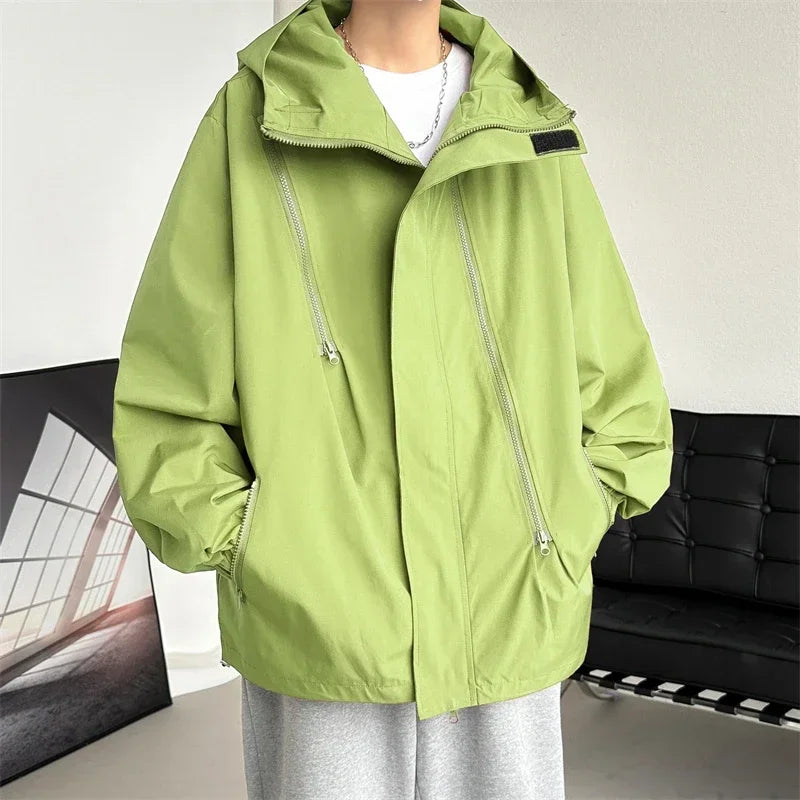 Men's Hooded Bomber Jacket Loose Fit Cargo Windbreaker Zipper